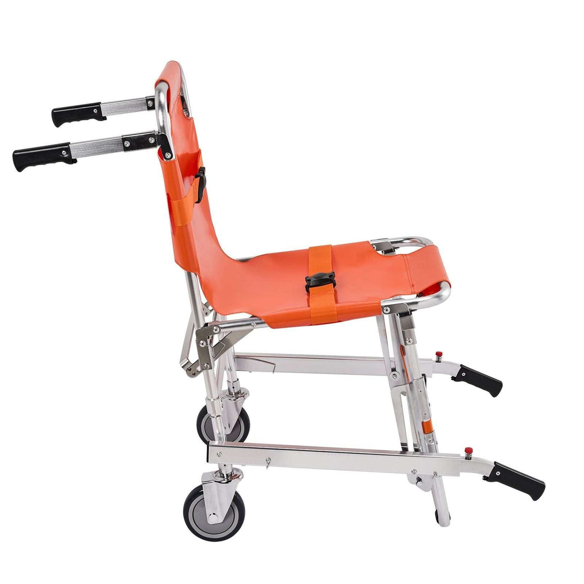 Foldable EMS stair chair with 159 kg load capacity, aluminum frame, safety belts, and wheels for emergency evacuation.