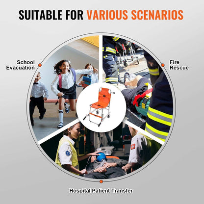 Foldable EMS stair chair with two wheels, aluminum frame, safety belts, and 159 kg load capacity for emergency evacuation.