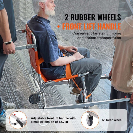 Foldable EMS stair chair with aluminum frame, 159 kg load capacity, two wheels, and safety belts for emergency evacuation.