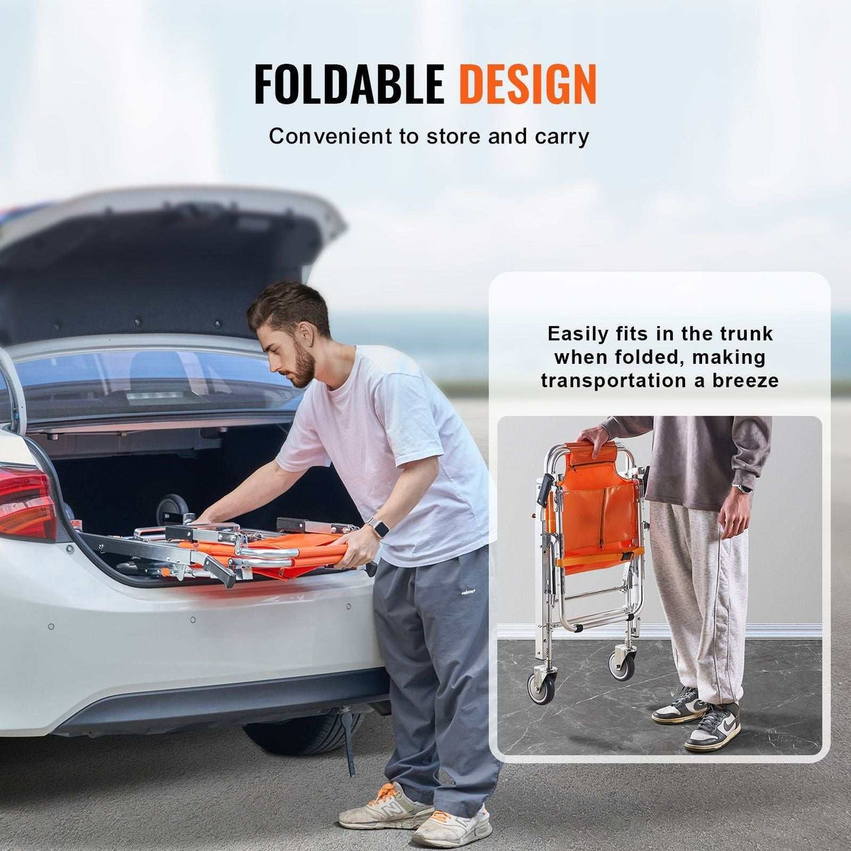 Foldable EMS stair chair with aluminum frame and two wheels, supporting 159 kg for emergency evacuation