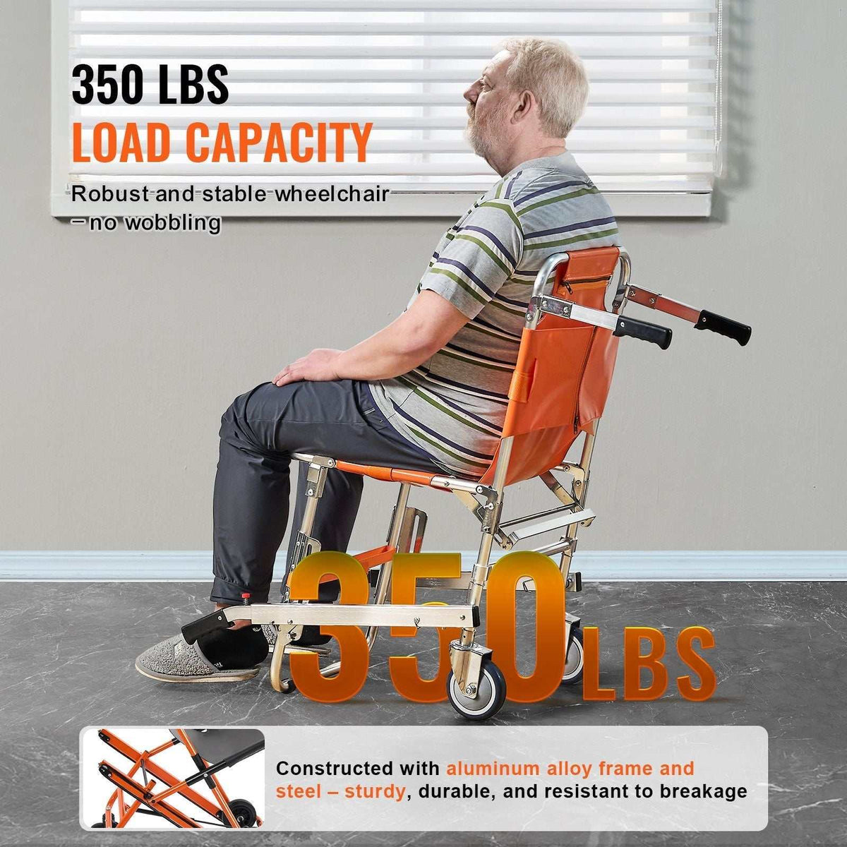 Foldable aluminum EMS stair chair with 2 wheels, 159 kg load capacity, safety belts, and telescopic handle for emergency evacuation