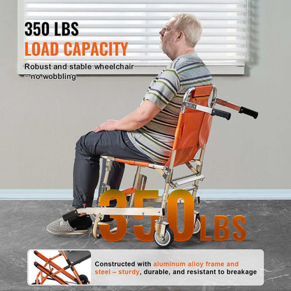 Foldable aluminum EMS stair chair with 2 wheels, 159 kg load capacity, safety belts, and telescopic handle for emergency evacuation