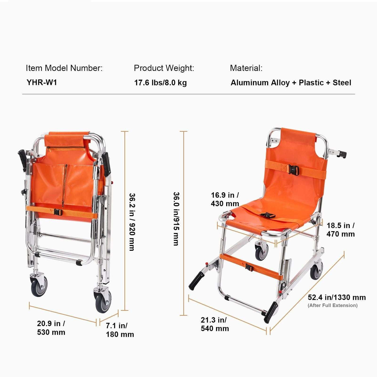 Foldable EMS stair chair with aluminum frame, 159 kg load capacity, two wheels, and safety belts for emergency evacuation.
