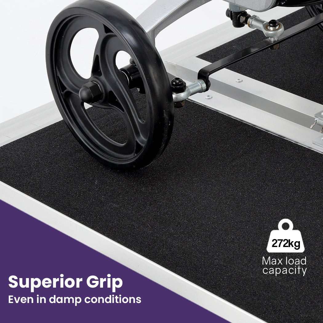 Equipmed 123cm portable folding aluminium access ramp with black non-slip surface and 272kg load capacity