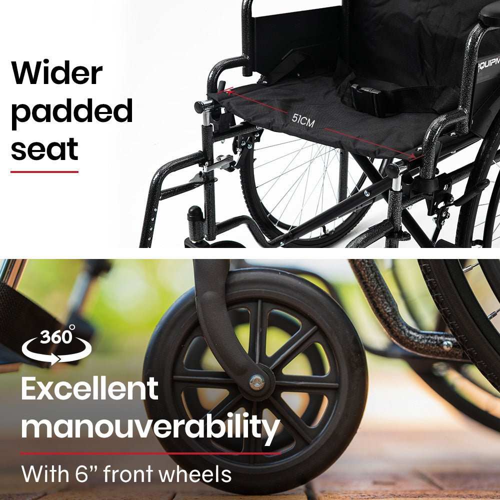 Equipmed 24 inch folding bariatric wheelchair with XL wide seat, dark grey powder-coated steel frame, park brakes, and retractable armrests
