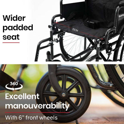 Equipmed 24 inch folding bariatric wheelchair with XL wide seat, dark grey powder-coated steel frame, park brakes, and retractable armrests