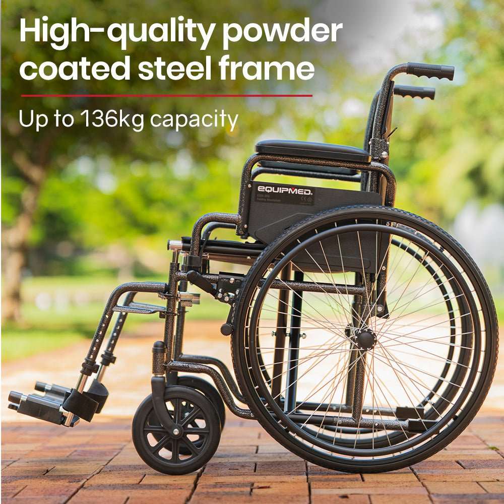 Equipmed 24 inch folding bariatric wheelchair with XL wide seat, dark grey hammertone frame, park brakes, and retractable armrests