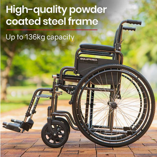 Equipmed 24 inch folding bariatric wheelchair with XL wide seat, dark grey hammertone frame, park brakes, and retractable armrests