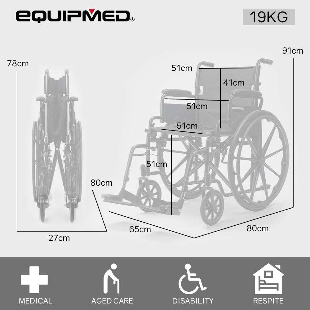 Equipmed 24 inch folding wheelchair in dark grey with XL wide seat and solid non-puncture tires