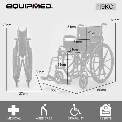 Equipmed 24 inch folding wheelchair in dark grey with XL wide seat and solid non-puncture tires