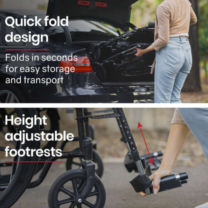 Equipmed 24 inch folding bariatric wheelchair with XL wide seat, park brakes, retractable armrests in dark grey hammertone