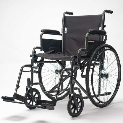 Equipmed 24 inch folding bariatric wheelchair in dark grey with XL wide seat and solid non-puncture tyres