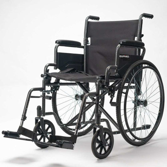 Equipmed 24 inch folding bariatric wheelchair in dark grey with XL wide seat and solid non-puncture tyres