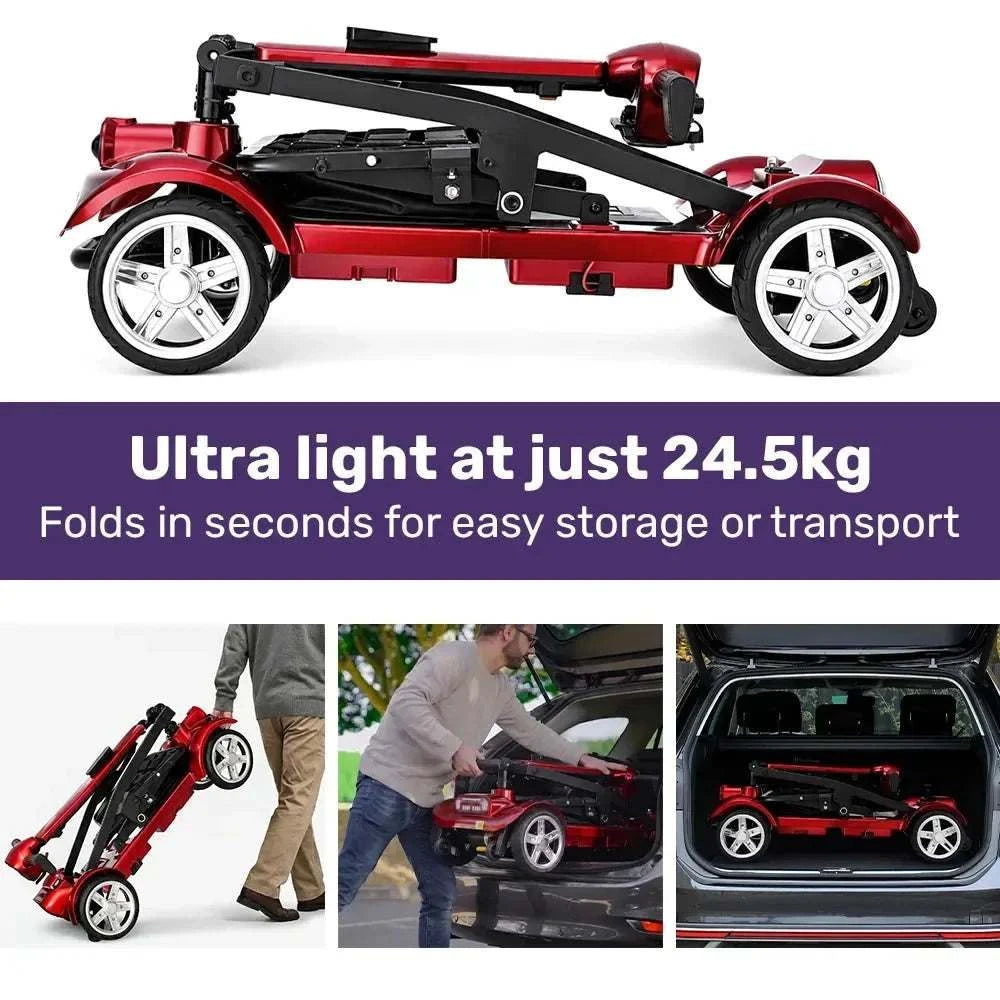 Red Equipmed SmartPacer+ lightweight folding mobility scooter with removable lithium batteries and front basket