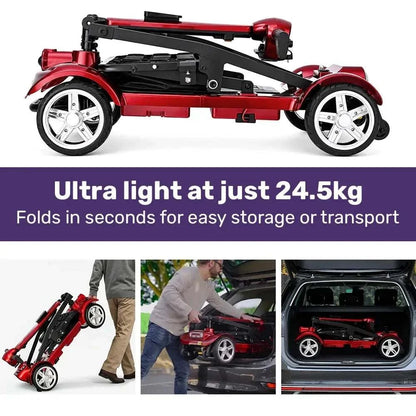 Red Equipmed SmartPacer+ lightweight folding mobility scooter with removable lithium batteries and front basket