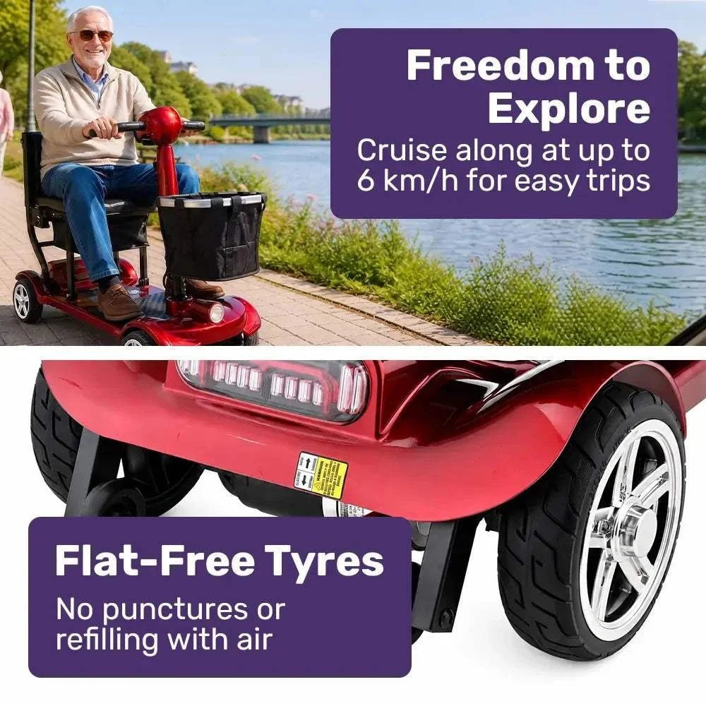 Red Equipmed ComfortCruise large mobility scooter with folding design and dual lithium batteries for travel-friendly use