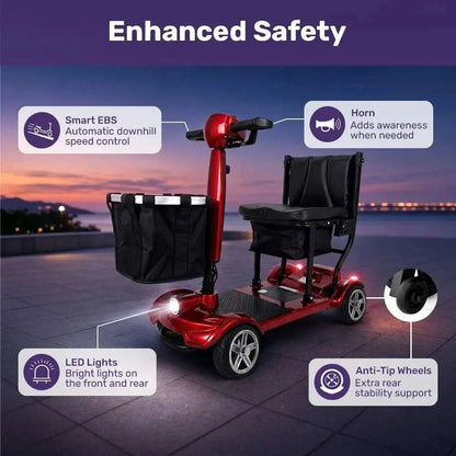 Red Equipmed SmartPacer+ lightweight folding mobility scooter with removable lithium batteries and LED lights