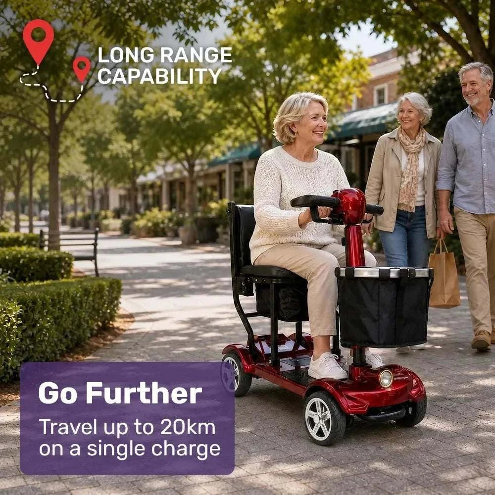 Red Equipmed SmartPacer+ lightweight folding mobility scooter with dual lithium batteries and front basket