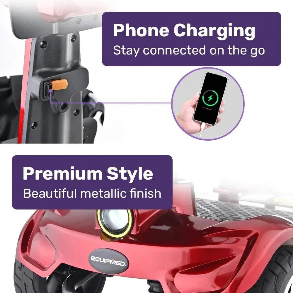 Red Equipmed SmartPacer+ lightweight foldable mobility scooter with removable lithium batteries and front basket