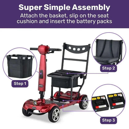 Red Equipmed SmartPacer+ lightweight folding mobility scooter with removable lithium batteries and front basket