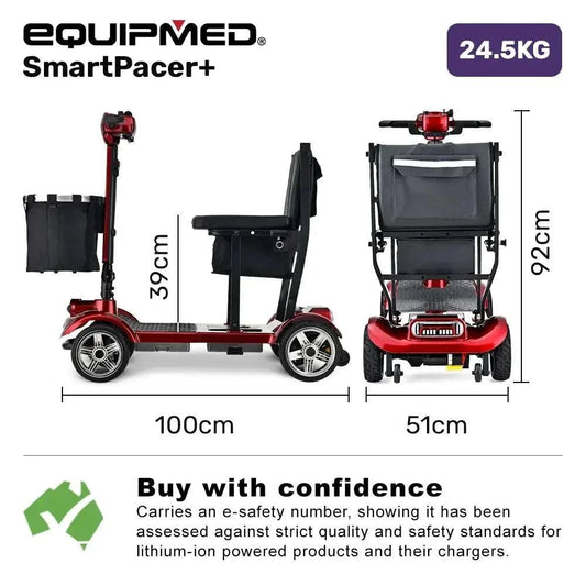 Red Equipmed SmartPacer+ lightweight folding mobility scooter with dual removable lithium batteries and front basket
