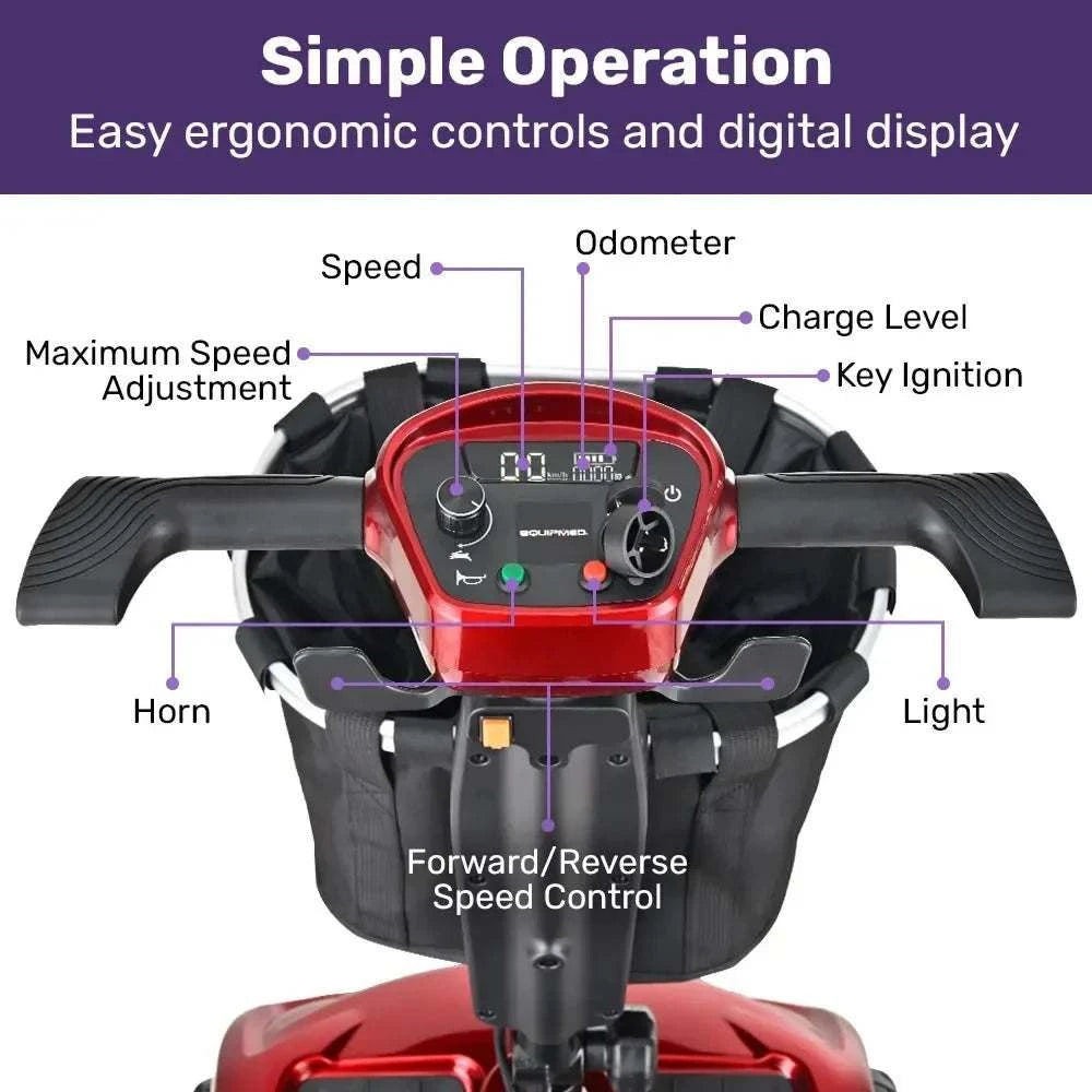 Red Equipmed SmartPacer+ lightweight folding mobility scooter with removable lithium batteries and front basket