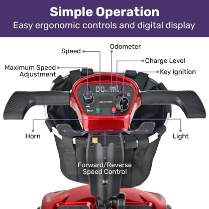 Red Equipmed SmartPacer+ lightweight folding mobility scooter with removable lithium batteries and front basket