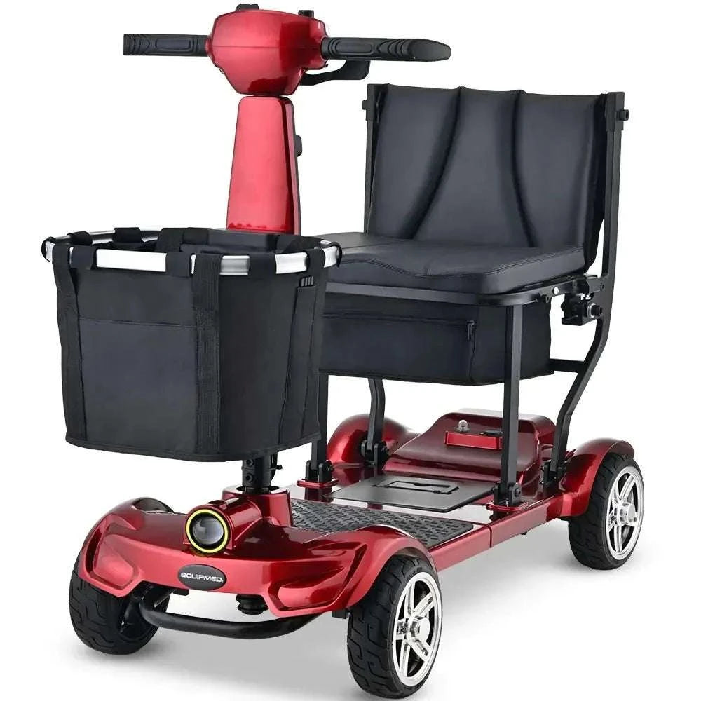 Red Equipmed SmartPacer+ lightweight folding mobility scooter with dual lithium batteries and front basket