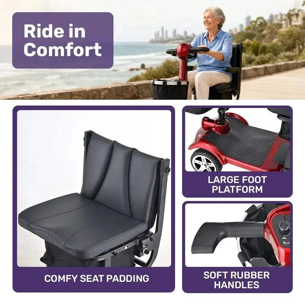 Red Equipmed SmartPacer+ lightweight mobility scooter with dual lithium batteries and folding design