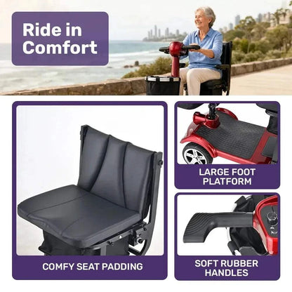 Red Equipmed SmartPacer+ lightweight mobility scooter with dual lithium batteries and folding design