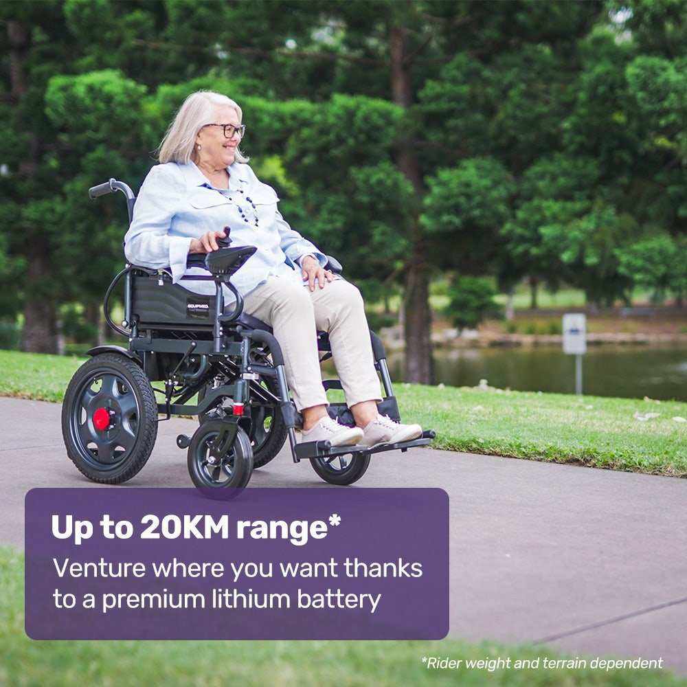 EQUIPMED Electric Folding Wheelchair, Wide Bariatric Chair Seat, Comfortable for S-XL, Long Range, Lithium Battery - Oz Mobility Store