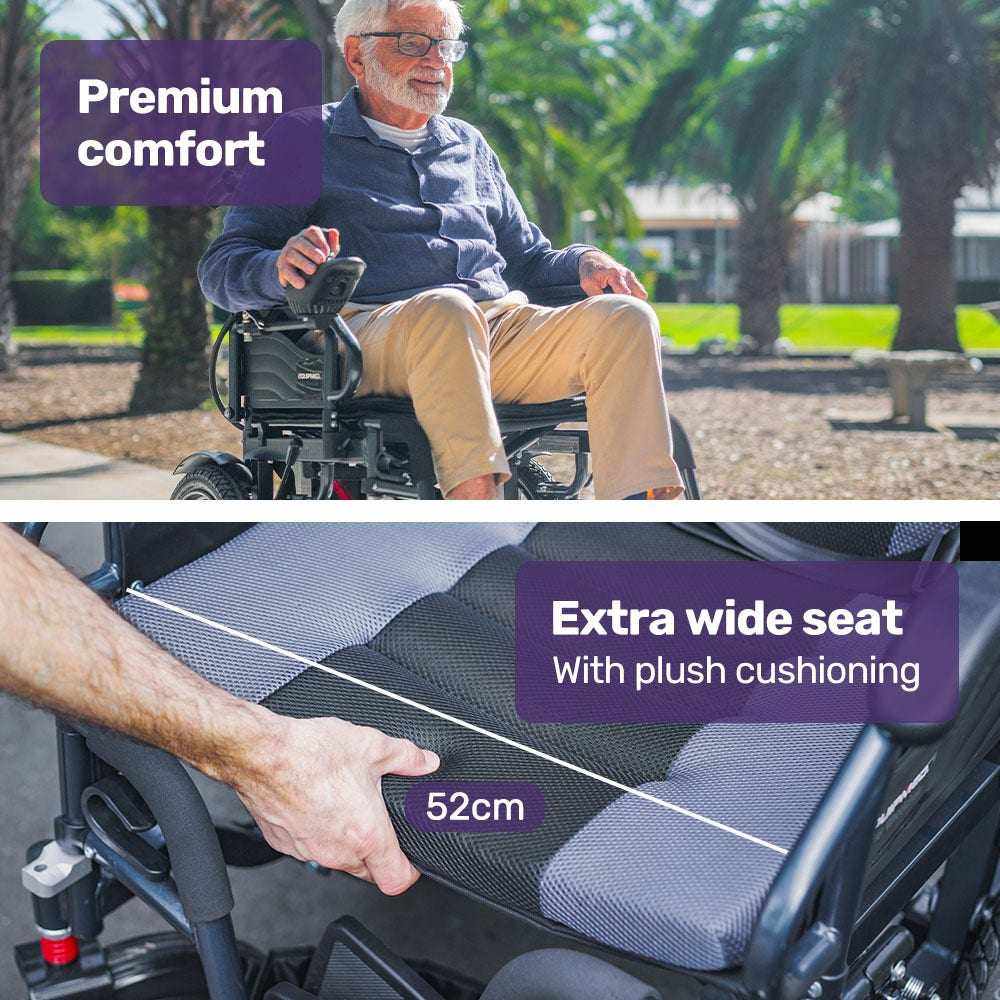 EQUIPMED Electric Folding Wheelchair, Wide Bariatric Chair Seat, Comfortable for S-XL, Long Range, Lithium Battery - Oz Mobility Store