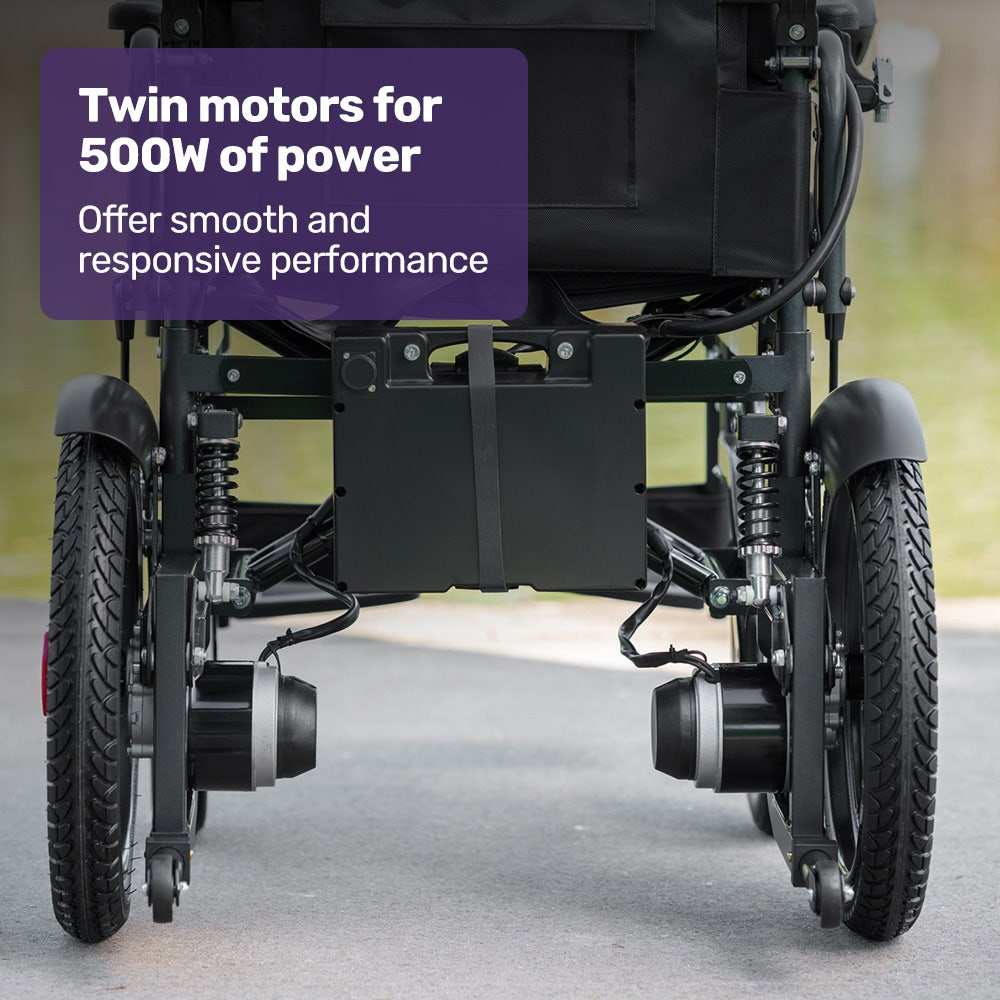 Equipmed Electric Folding Wheelchair with wide bariatric seat and lithium battery, black, folding design for easy transport