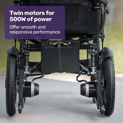 Equipmed Electric Folding Wheelchair with wide bariatric seat and lithium battery, black, folding design for easy transport