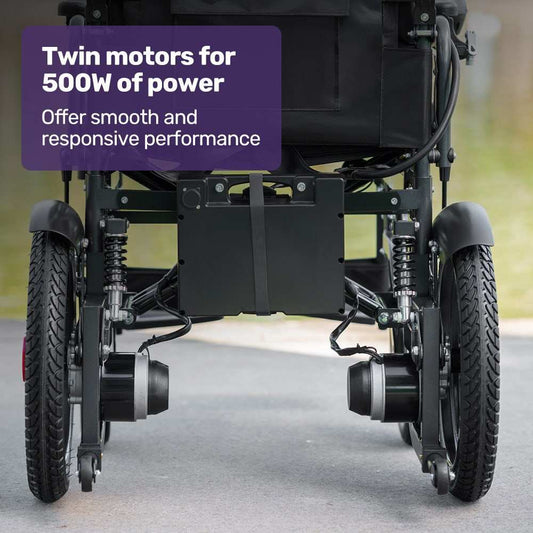 Equipmed Electric Folding Wheelchair with wide bariatric seat and lithium battery, black, folding design for easy transport