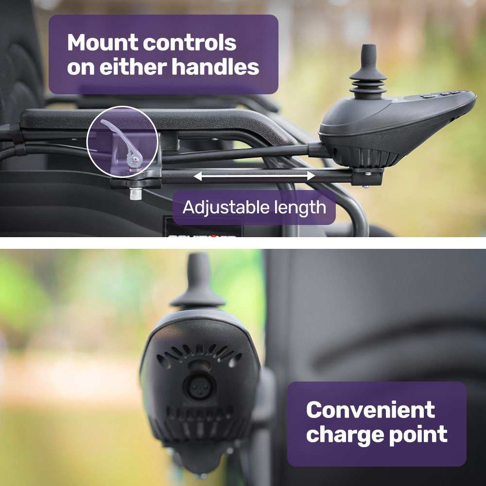 Equipmed Electric Folding Wheelchair with wide bariatric seat, lithium battery, and joystick controls in black