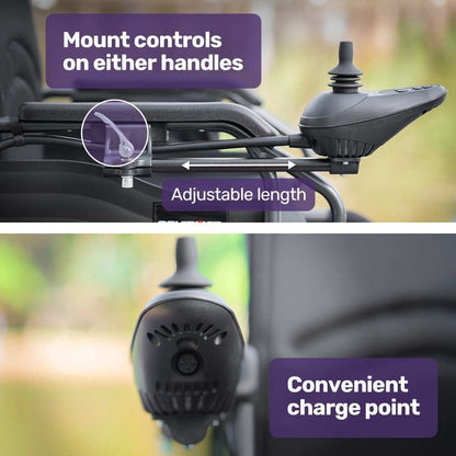 Equipmed Electric Folding Wheelchair with wide bariatric seat, lithium battery, and joystick controls in black