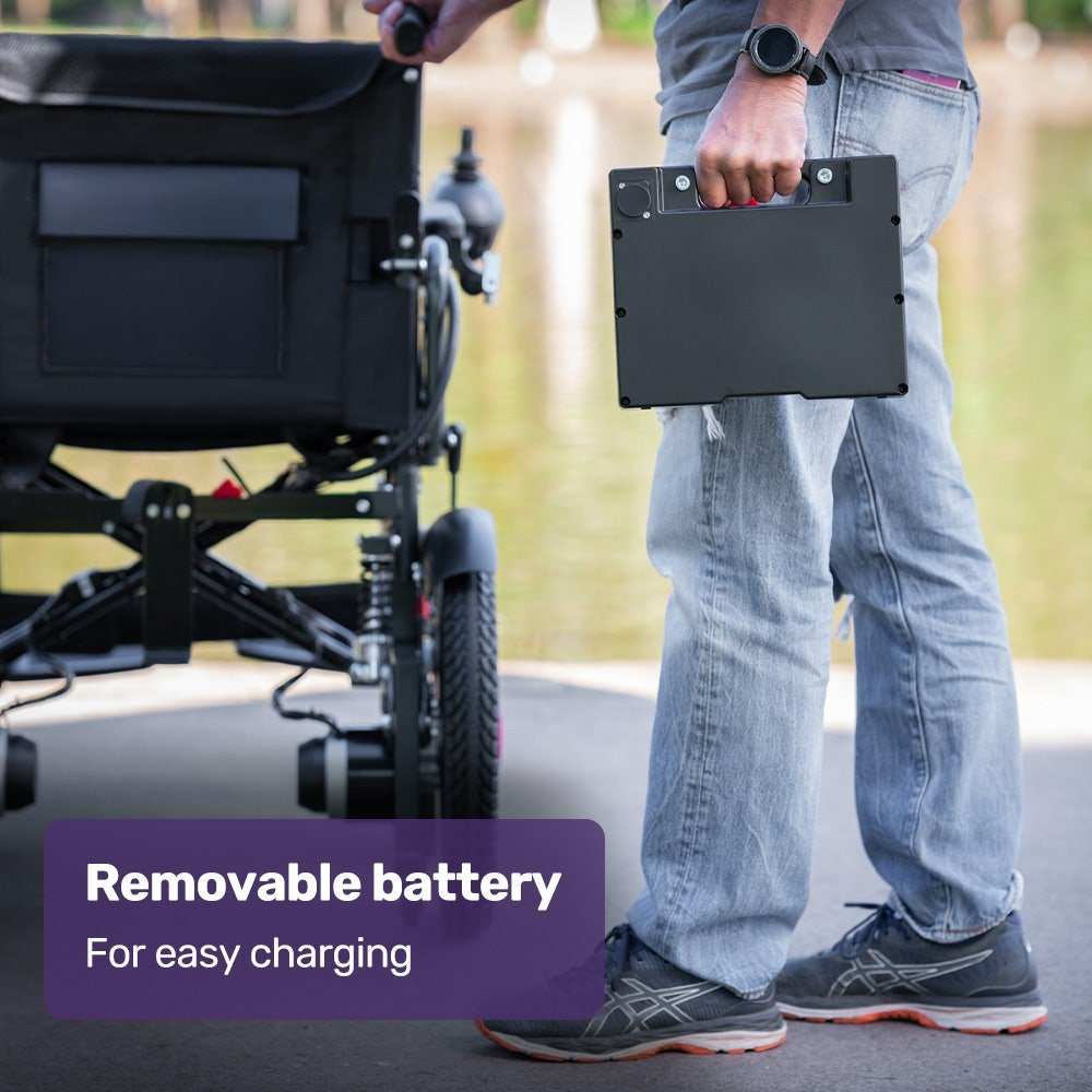 Equipmed electric folding wheelchair with wide bariatric seat and lithium battery in black