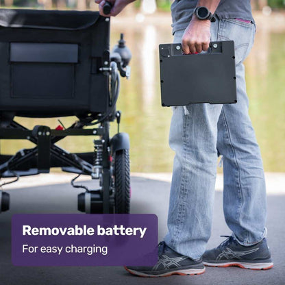 Equipmed electric folding wheelchair with wide bariatric seat and lithium battery in black