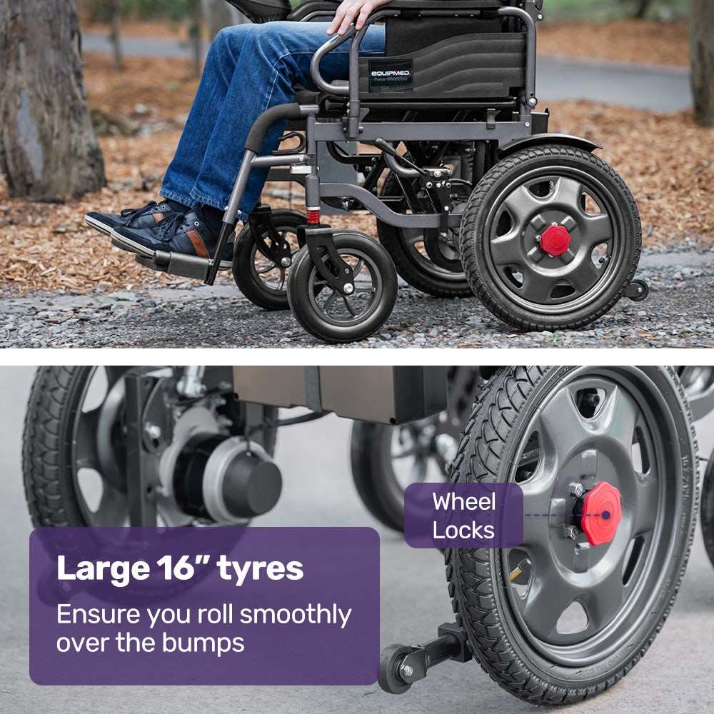 Equipmed Electric Folding Wheelchair with wide bariatric seat, joystick control, lithium battery, and foldable design in black