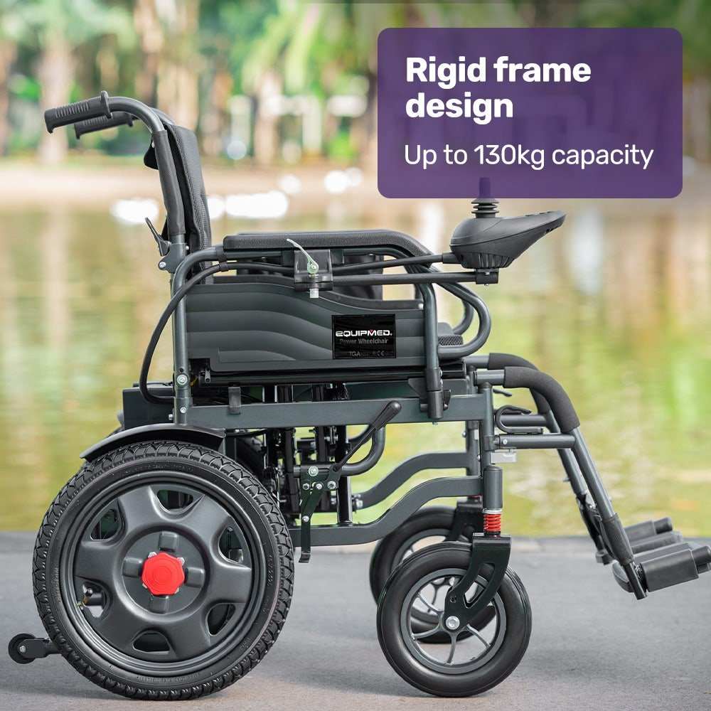 Equipmed electric folding wheelchair with wide bariatric seat and lithium battery in black
