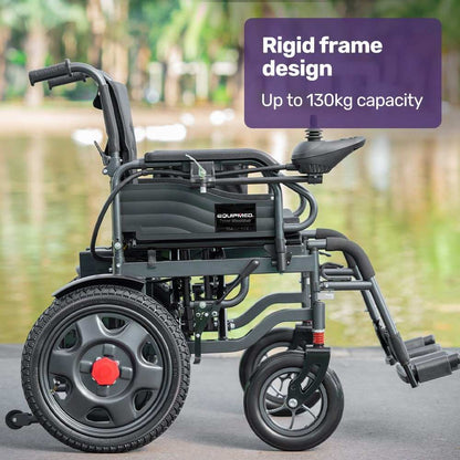 Equipmed electric folding wheelchair with wide bariatric seat and lithium battery in black