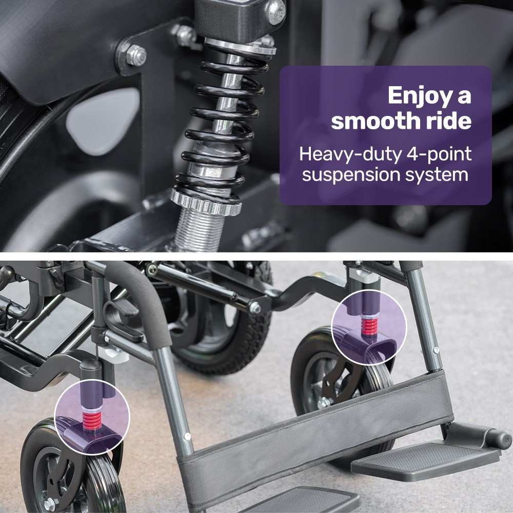 Equipmed electric folding wheelchair with wide bariatric seat and lithium battery in black