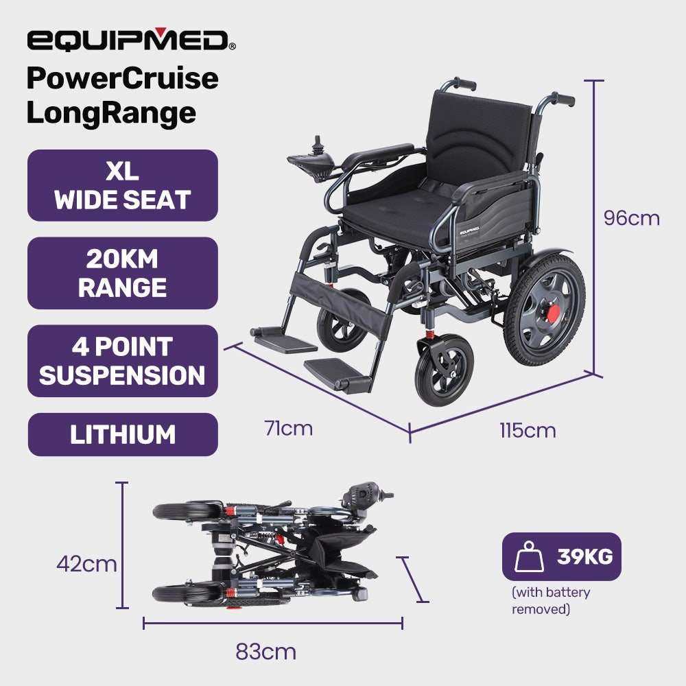 Equipmed Electric Folding Wheelchair with wide bariatric seat, joystick control, lithium battery, and foldable design in black