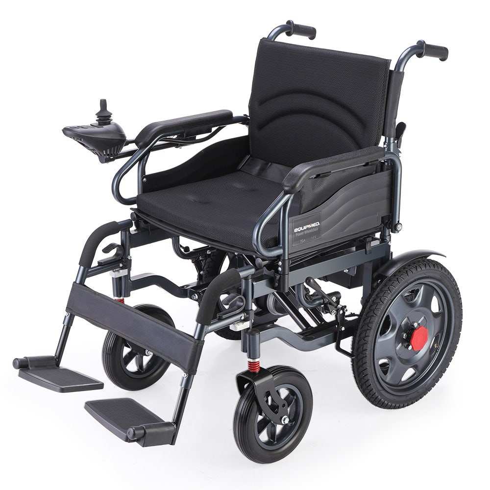 Equipmed Electric Folding Wheelchair with wide bariatric seat and lithium battery in black, folded and unfolded views