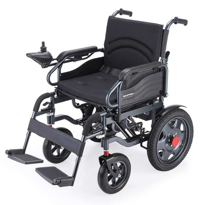 Equipmed Electric Folding Wheelchair with wide bariatric seat and lithium battery in black, folded and unfolded views
