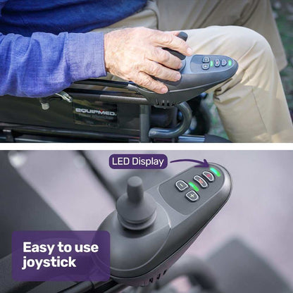 Equipmed Electric Folding Wheelchair with wide bariatric seat, joystick control, and lithium battery in black