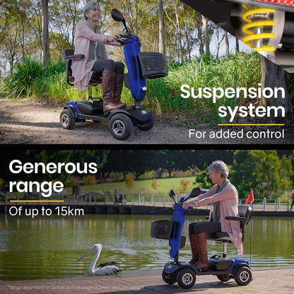 Equipmed Pathline Series electric mobility scooter for elderly with swivel seat, retractable armrests, LED lights, and 15-25km range