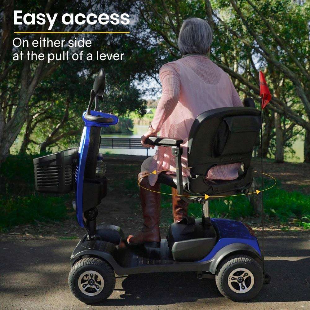 Equipmed Pathline Series electric mobility scooter for elderly with swivel seat, adjustable armrests, rear suspension, and LED lights