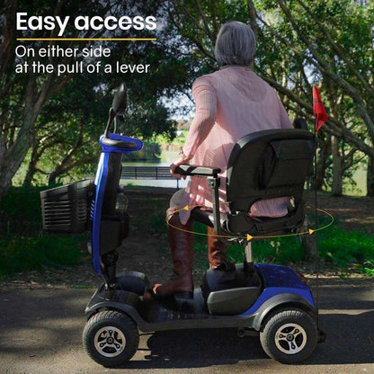 Equipmed Pathline Series electric mobility scooter for elderly with swivel seat, adjustable armrests, rear suspension, and LED lights